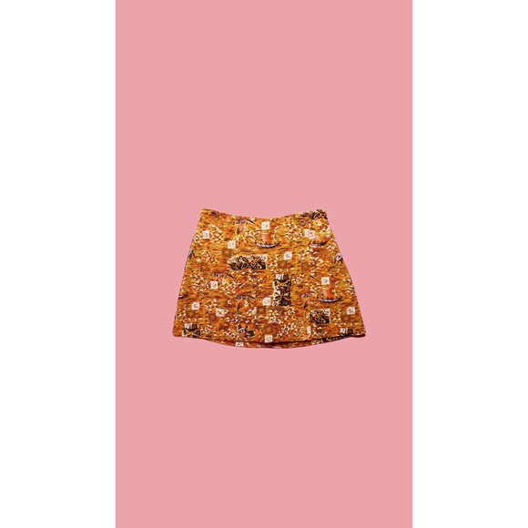 1990s ISAAC MIZRAHI Orange & Brown Island Tiki Print Faux Wrap Mini Skirt. S
